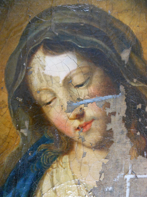 Détail du visage de la Vierge en cours de restauration Pascale Chappot